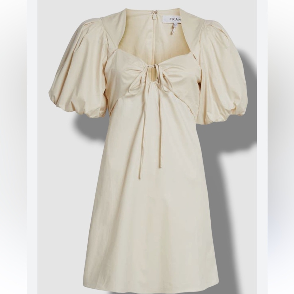 Frame Women's Beige Tie Neck Puff Sleeve Poplin Mini Dress
